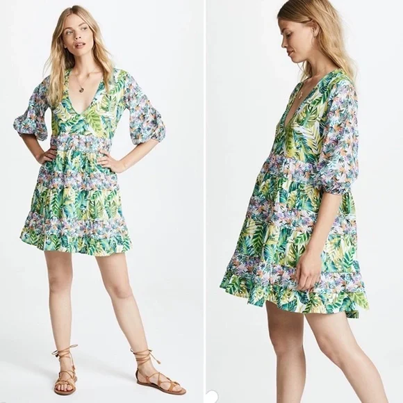 All Things Mochi Liona Mini Dress Tropical Floral Fit Flare Green Sz S NWT! - Picture 2 of 7
